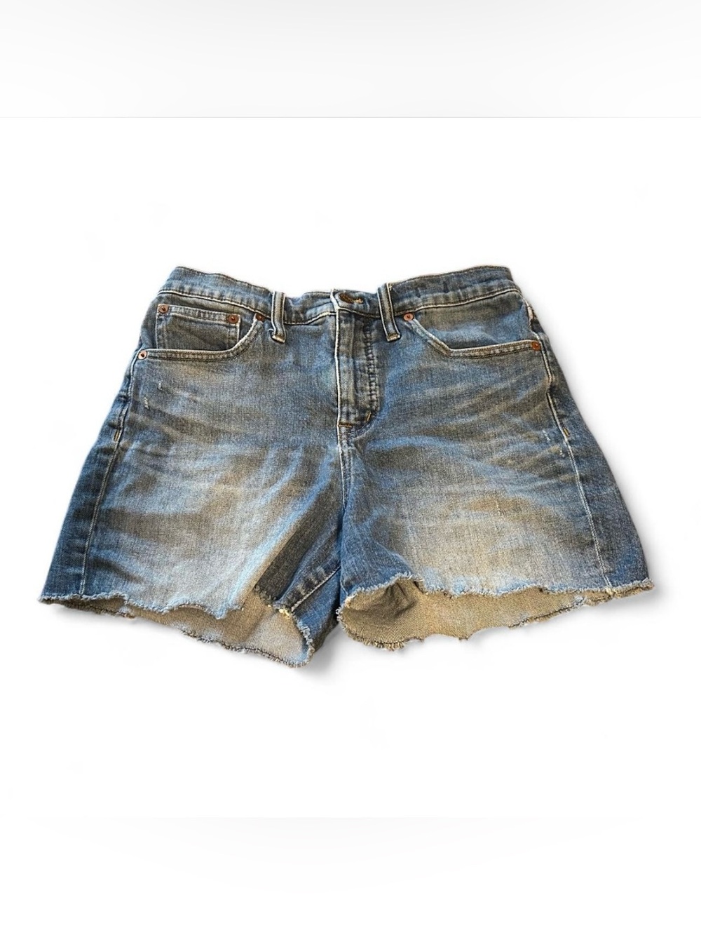 madewell high rise blue denim shorts